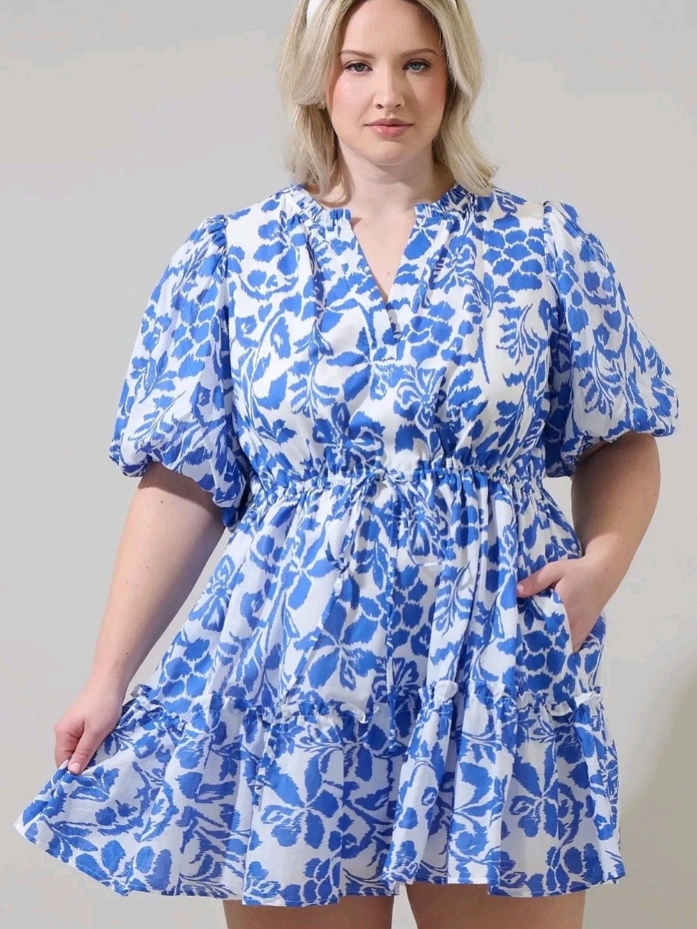 Sugarlips Blue & White Floral Puff-Sleeve Dress | Size 3X - NWT